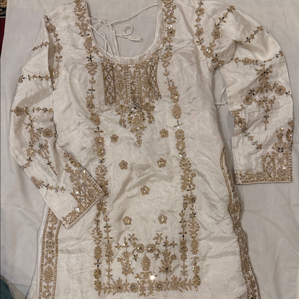 Embroidered White and Gold Indian sharara suit